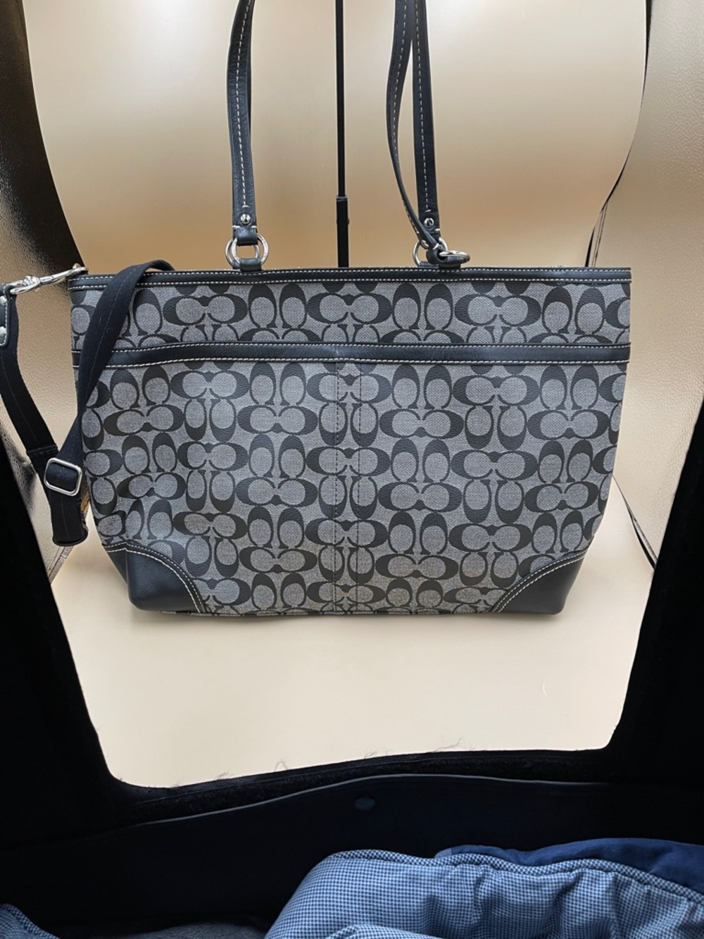 Coach Signature Stripe Tote Black and Light Gray Denim Canvas Look Work or Baby - Picture 4 of 11